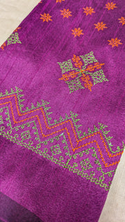 Purple kasuti blouse front angled view with stitched neckline motifs